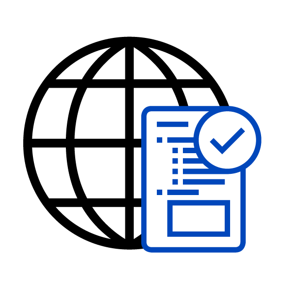 an icon of a globe in a black outline with a blue clipboard on top of it